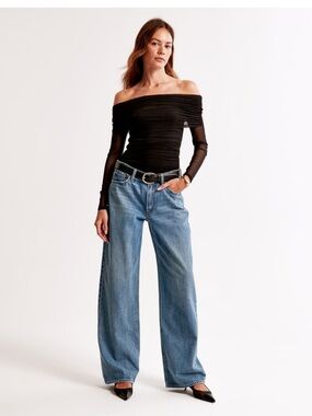 Abercrombie & Fitch Black Off-Shoulder Ruched Mesh Bodysuit